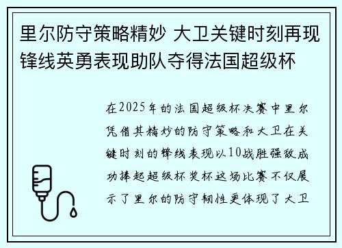 里尔防守策略精妙 大卫关键时刻再现锋线英勇表现助队夺得法国超级杯
